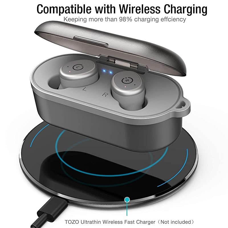 T10 Bluetooth 5.0 Wireless Earbuds with Wireless Charging Case IPX8 Waterproof TWS Stereo Headphones in Ear Built in Mic Headset Premium Sound with Deep Bass for Sport Gray