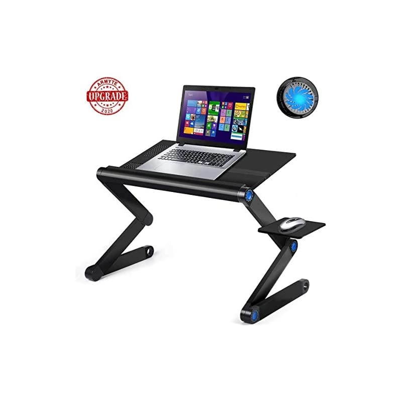 Aluminum Laptop Stand Adjustable with Cooling Fan and Mouse Pad Reinforced Ergonomic Lap Desk Foldable Portable Computer Table for Bed Sofa Couch Office Extra Wide Tray 19 Black