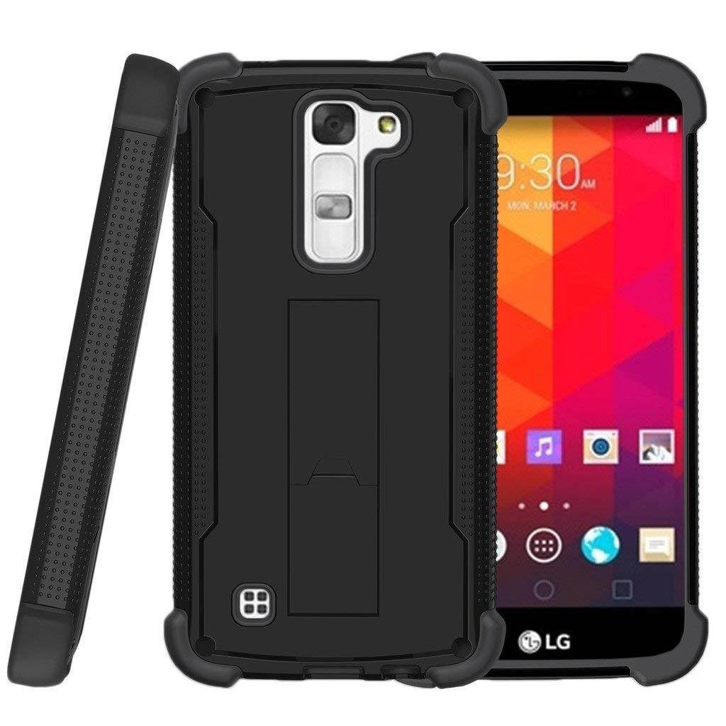 TurtleArmor | LG K7 Case | Tribute 5 Case | Treasure Case [Grip Combat] Shockproof Kickstand Defender Case Military War Robot Design with Tempered Glass Screen Protector - Black
