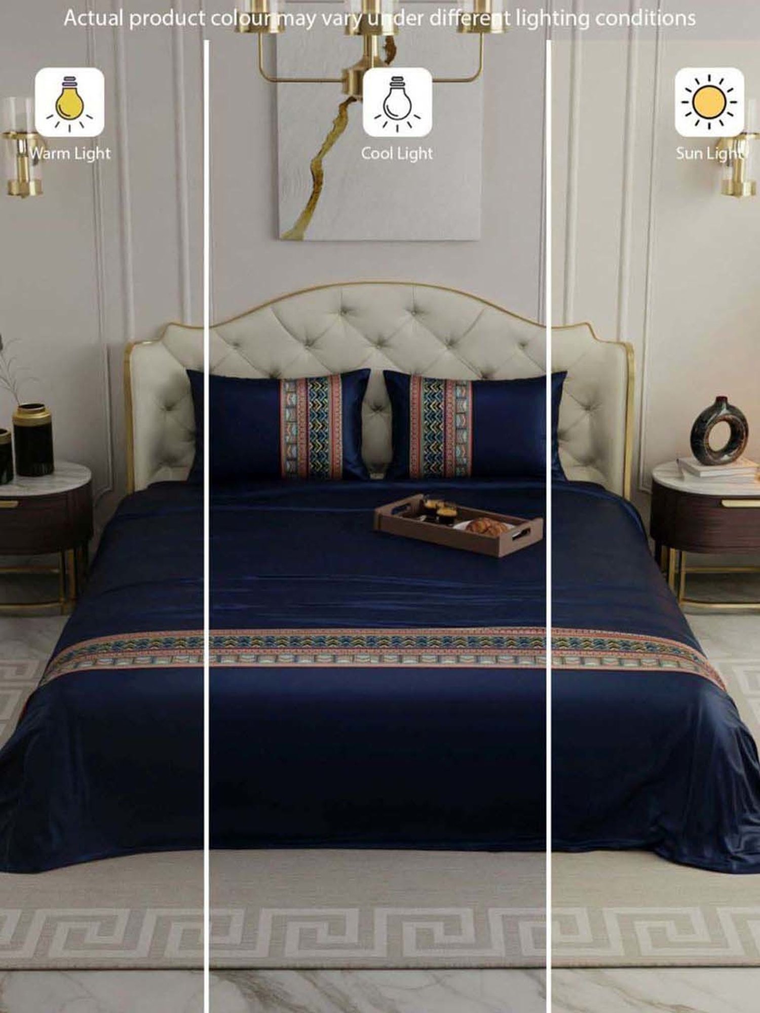 Stoa Paris Navy Polyester 300 TC Regal Renaissance Double Bed Sheet With 2 Pillow Covers