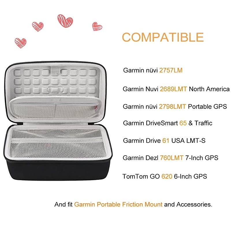 Hard GPS Case for 6 7 Inch Garmin DriveSmart 65 61 LMTS Nuvi 2797LMT GPS Navigator System Extra Space fits Car Charger Portable Friction Mount USB Cable and More Accessories Black