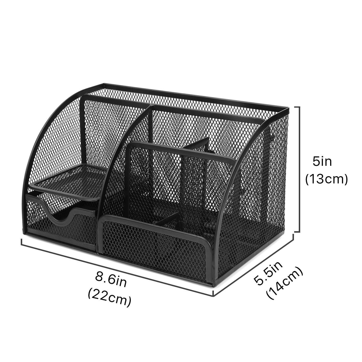 Desk Organizer Office Supplies Accessories Desktop Tabletop Sorter Shelf Pencil Holder Caddy Set - Metal Mesh with Drawer and 6 Compartments (Black)