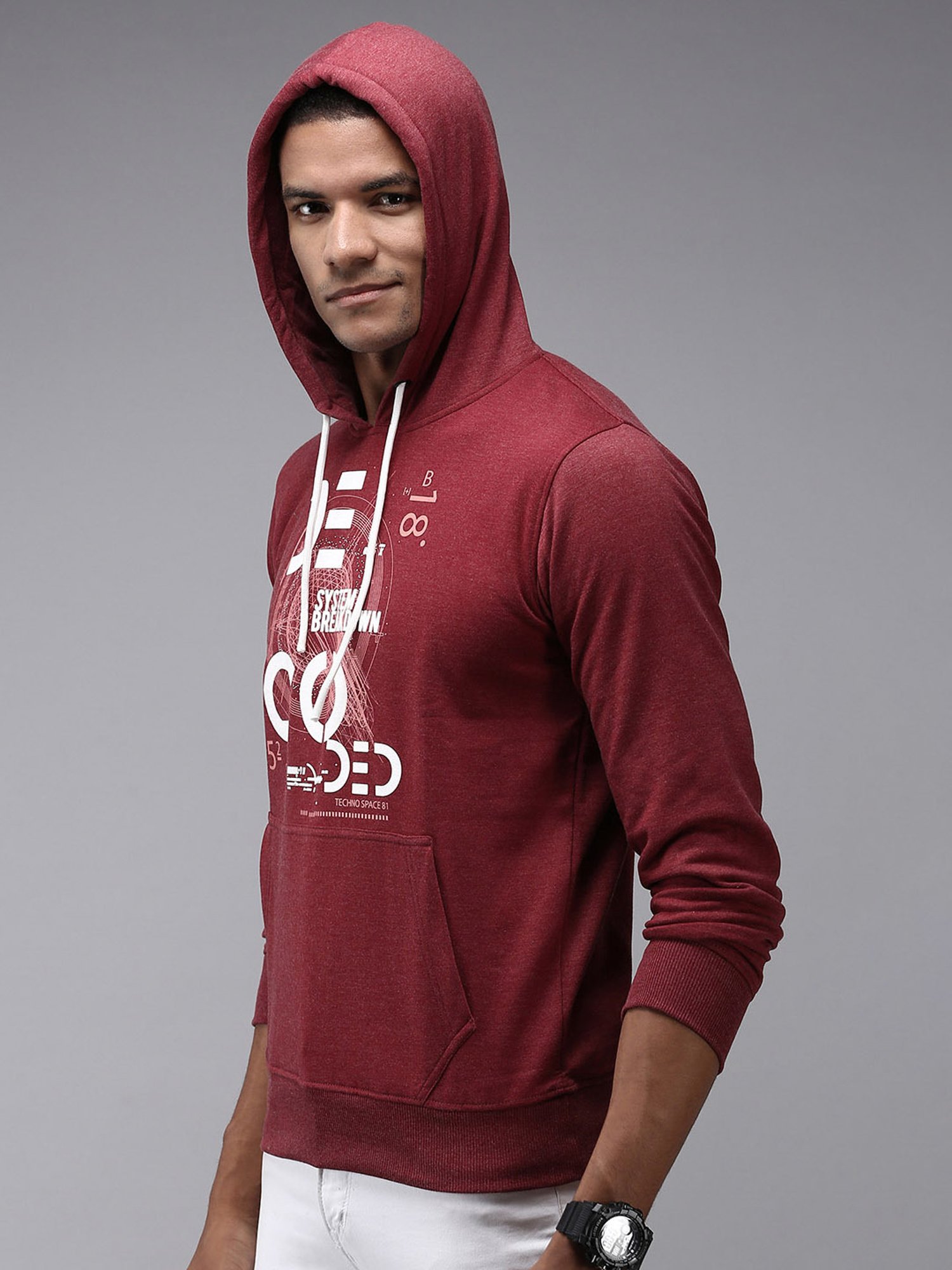 Showoff Maroon Cotton Regular Fit Printed Hooded Sweatshirt