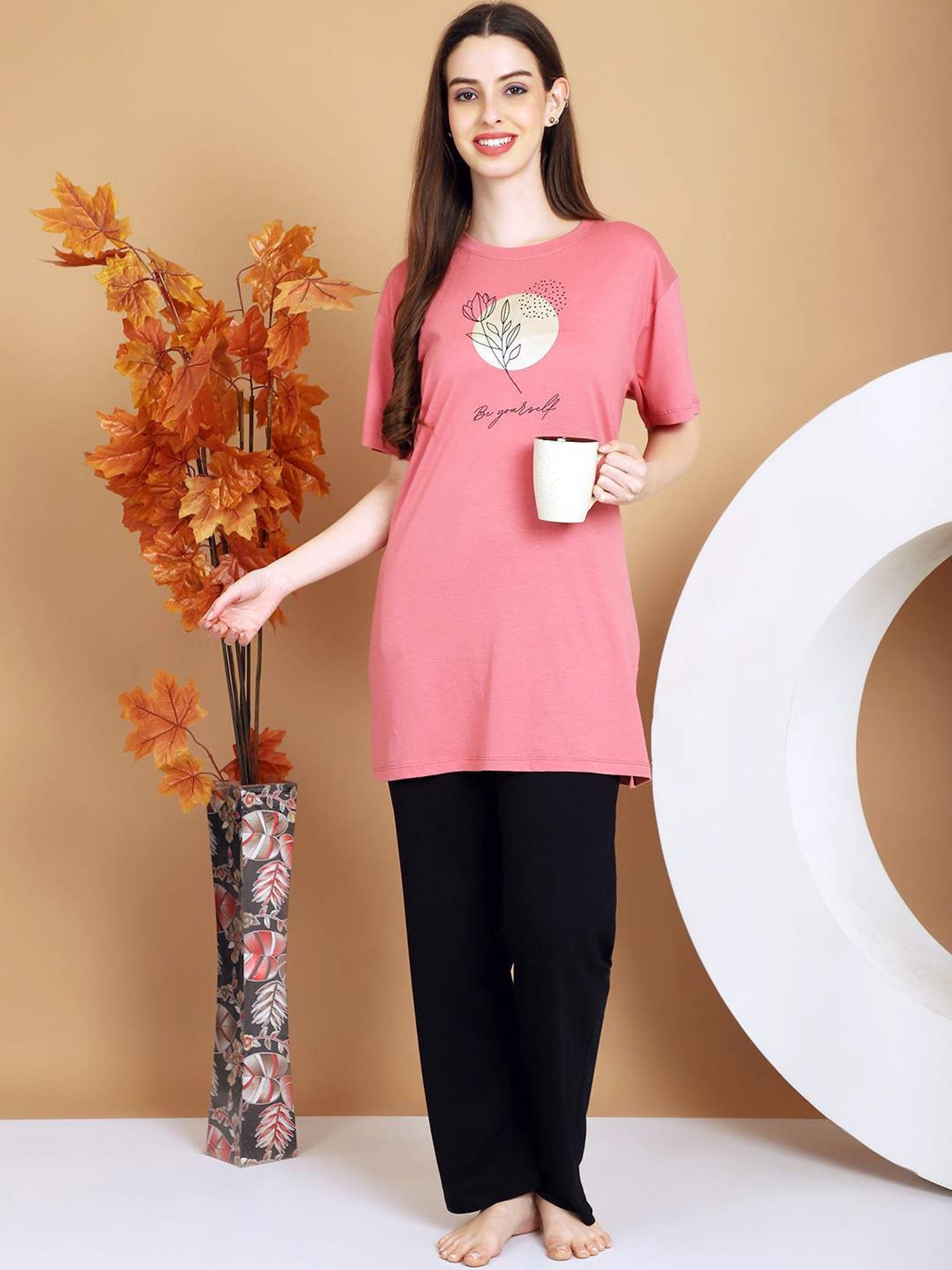 Kanvin Pink & Black Cotton Printed Tunic Pyjamas Set