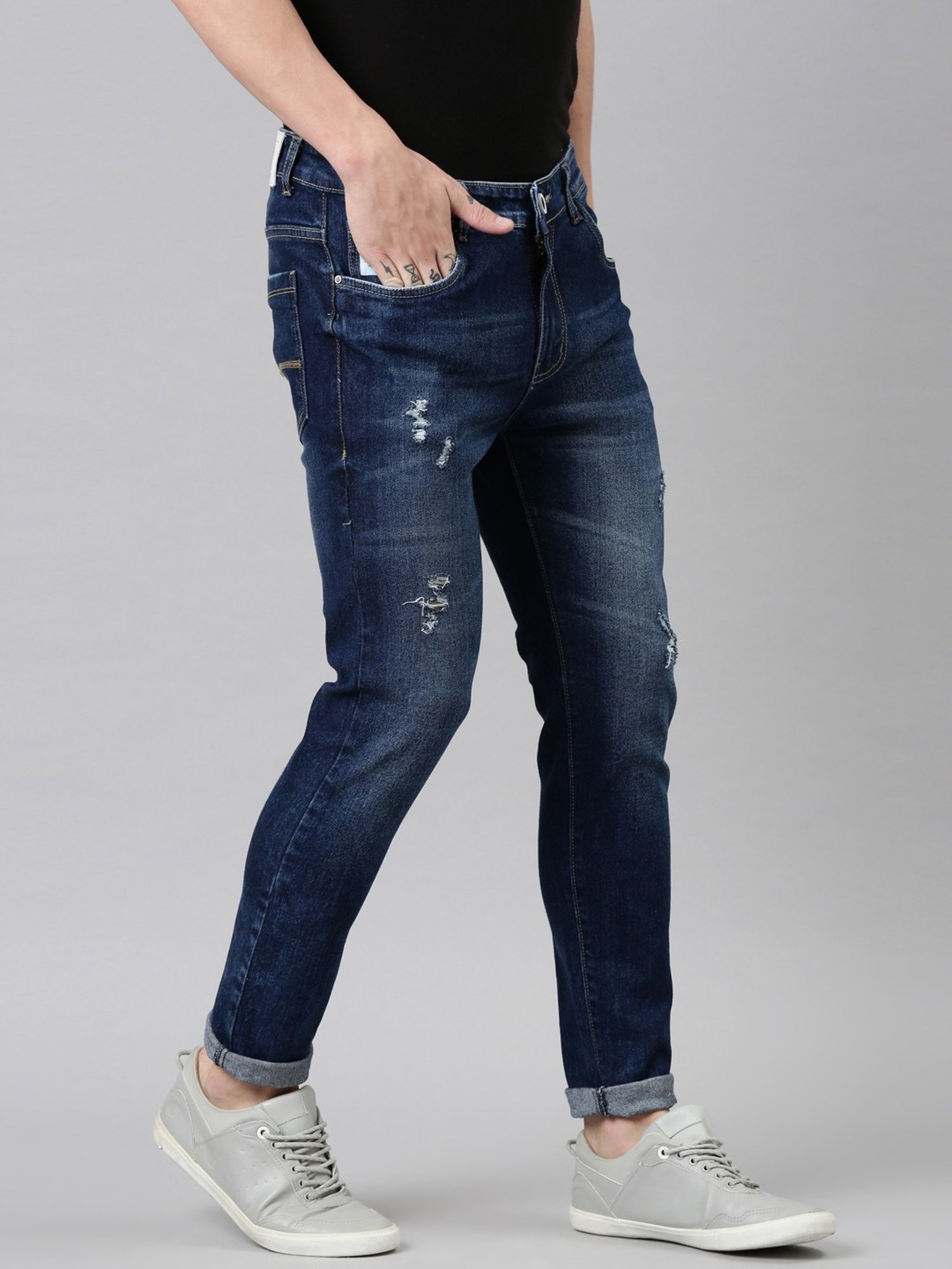 CINOCCI Blue Cotton Slim Fit Distressed Jeans