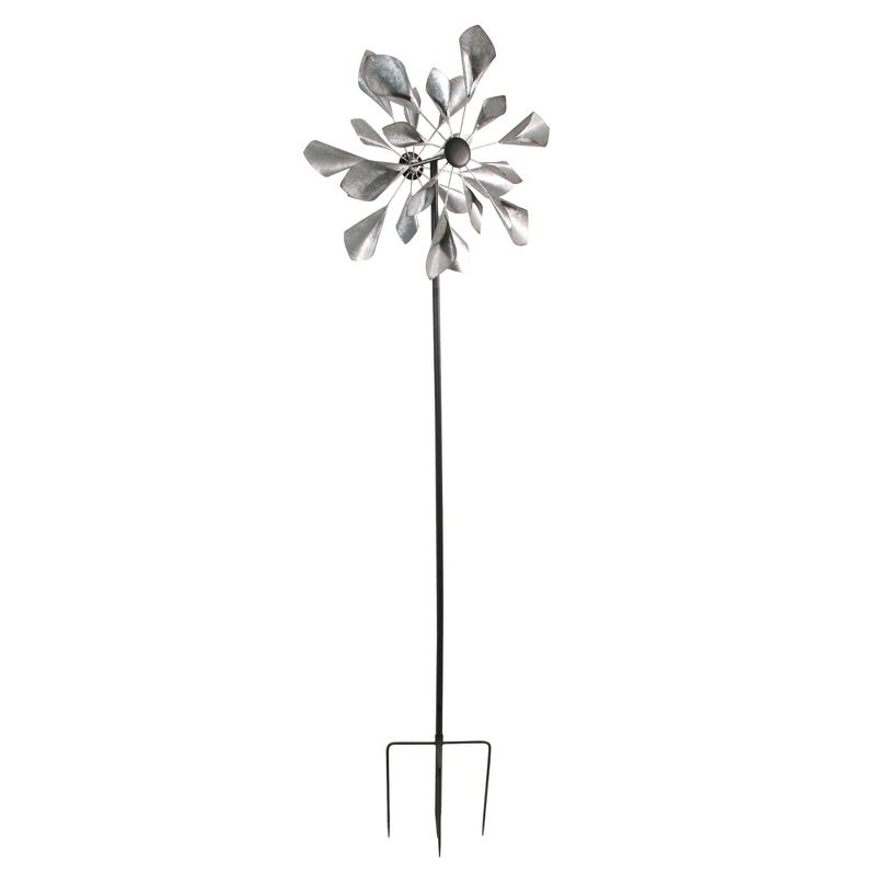 Transpac 45" Weathered Farmhouse Windmill with Floral Blades Garden Lawn Stake Spinner - Silver