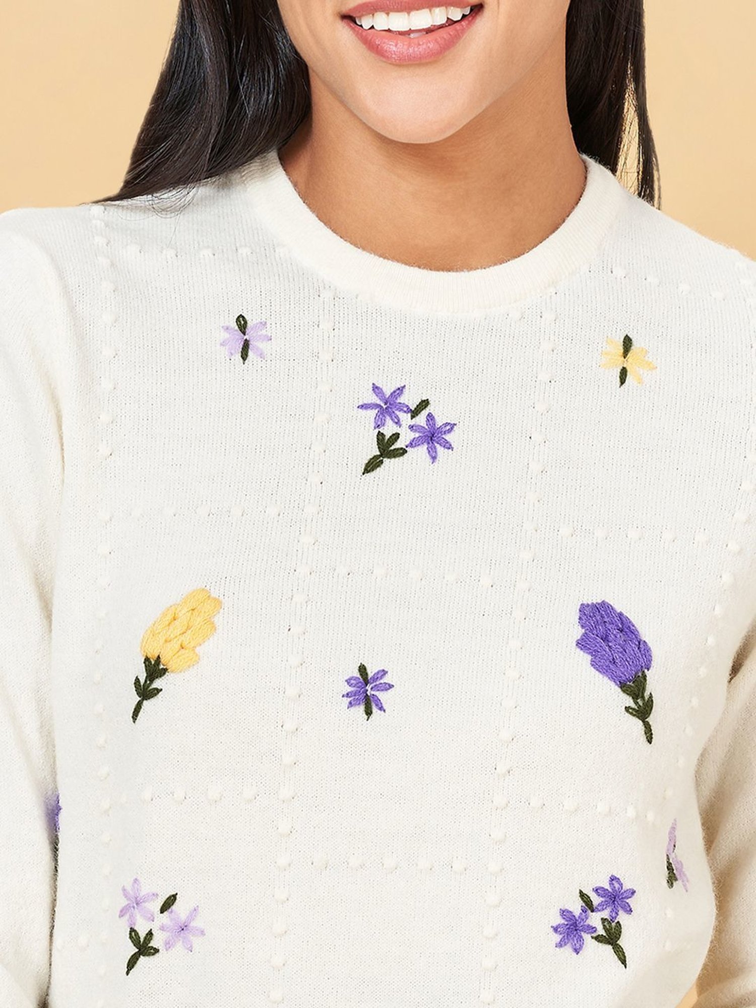 Honey by Pantaloons Off-White Embroidered Sweater