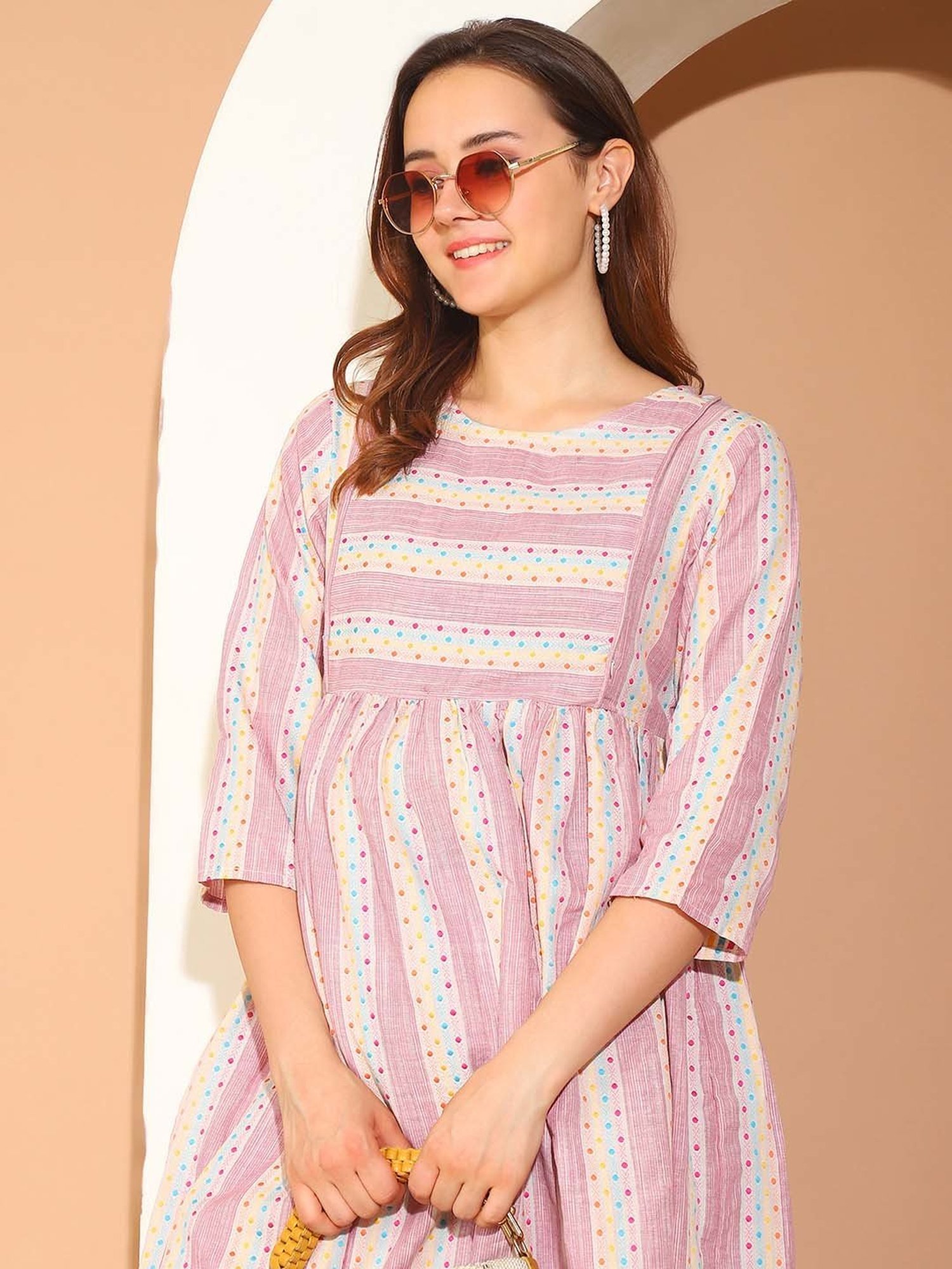 Moms Maternity Pink Striped Maternity Kurta & Pants