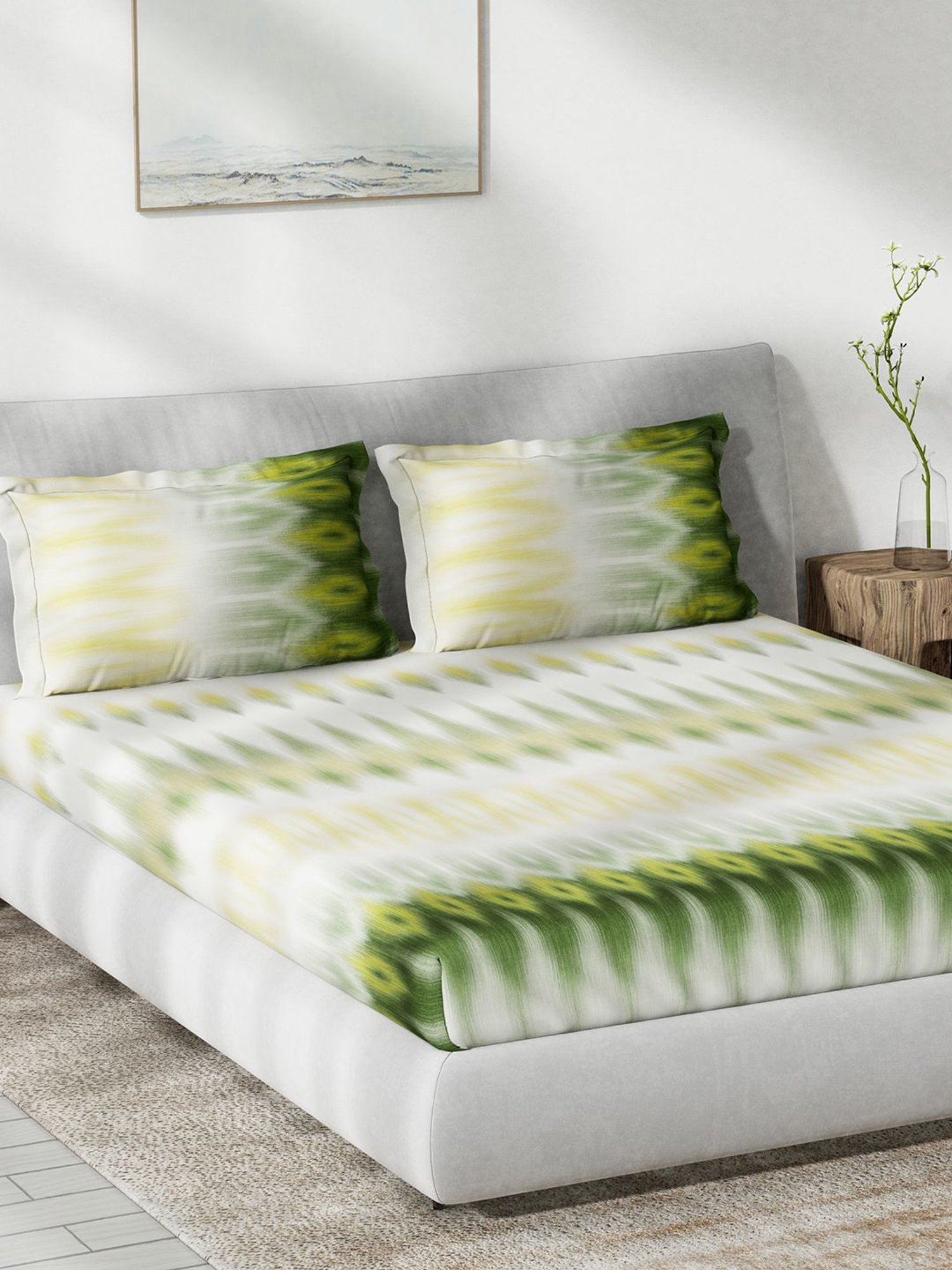 DDecor Ethnic Green 136 TC Cotton King Fitted Bed Sheet With 2 Pillow Covers