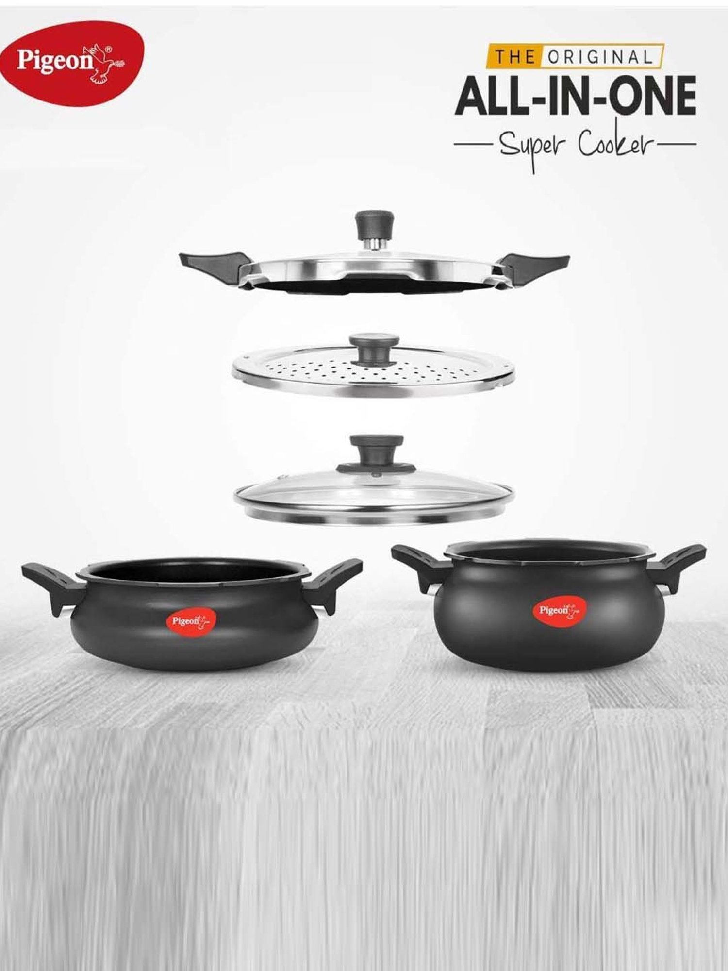 Pigeon Black Aluminium 29 cm Induction Friendly Pressure Cooker With Lid & Strainer (5 L) - Set of 2