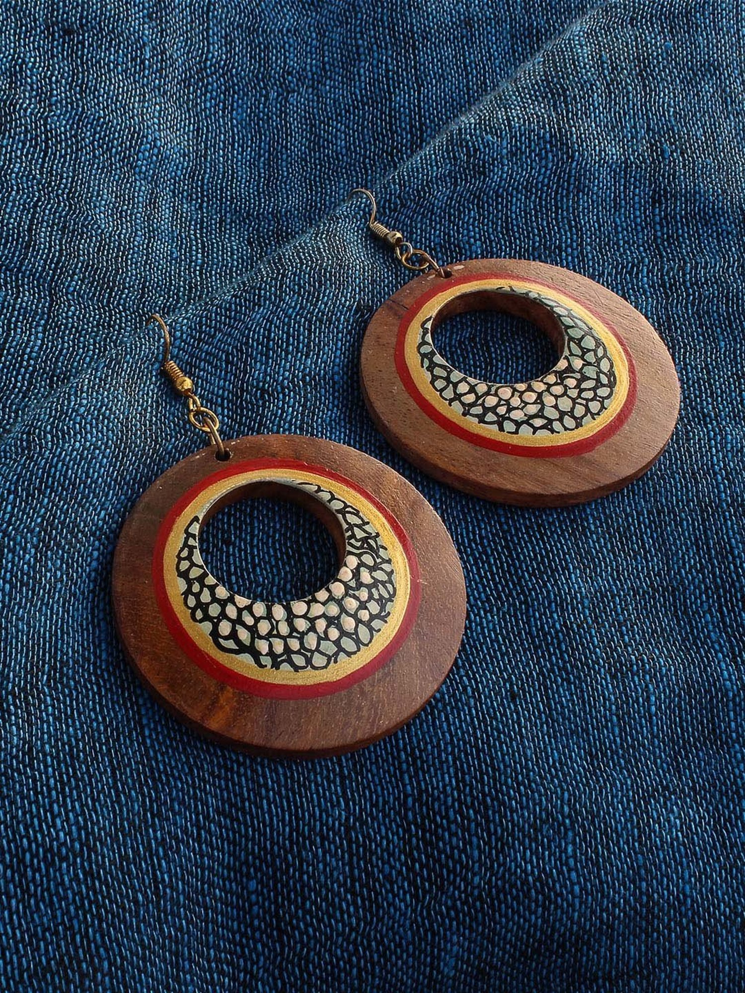ExclusiveLane Handpainted Brown & Red Earrings in Mosaic Pattern (Sheesham Wood)