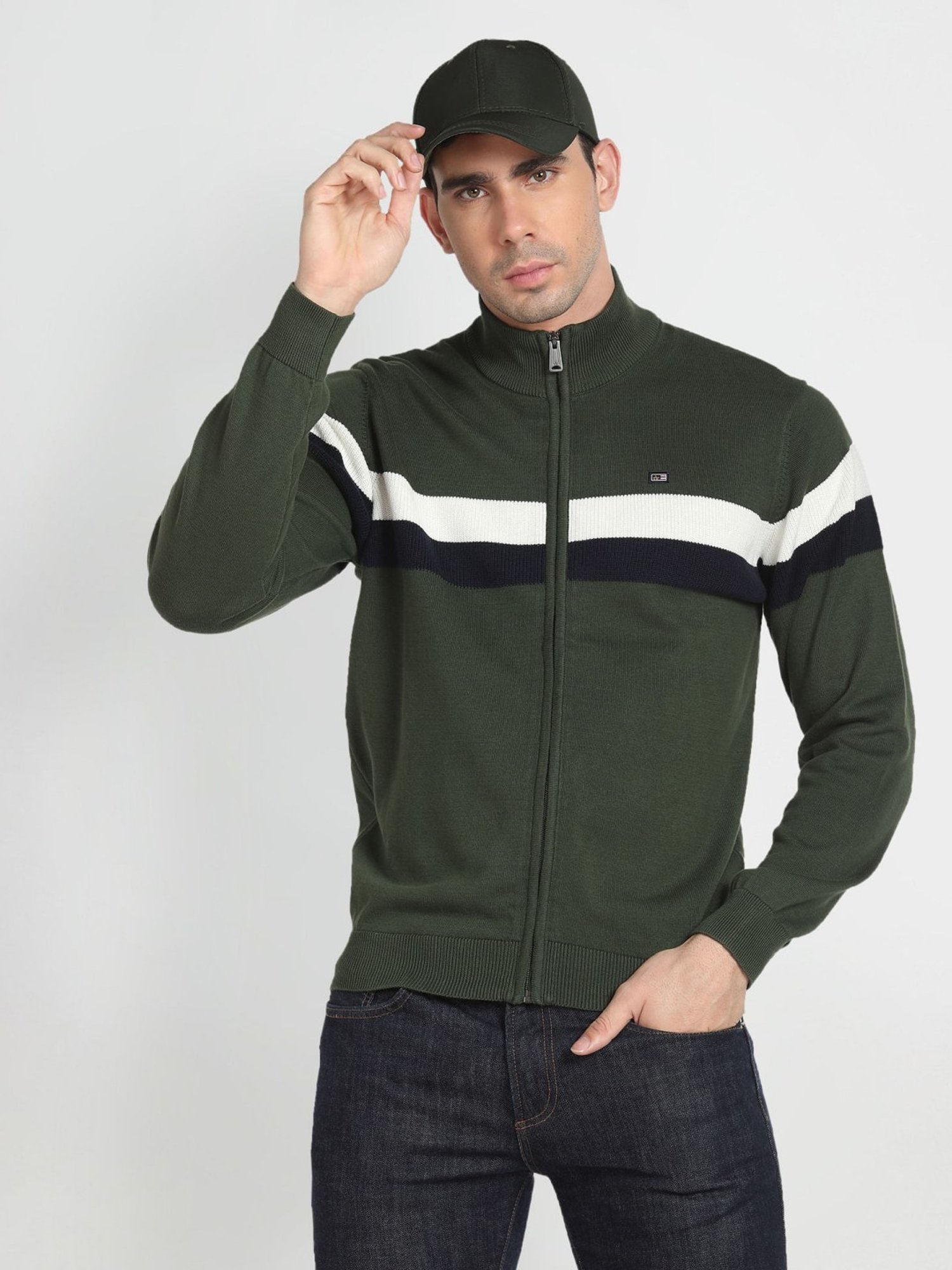 Arrow Sport Olive Cotton Regular Fit Striped Sweater