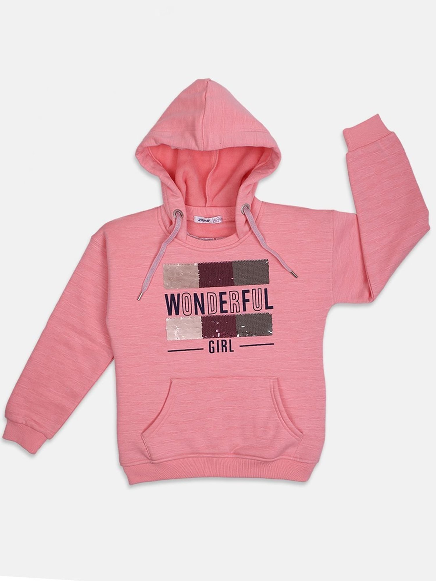 ZIAMA Kids Pink Embellished Full Sleeves Sweatshirt