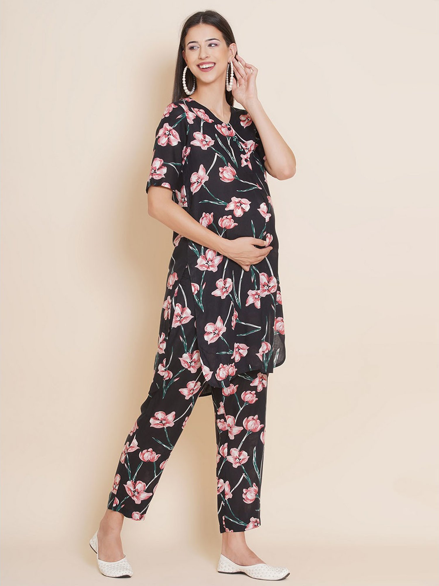 Mine4Nine Black Floral Print Maternity Kurta With Pyjamas