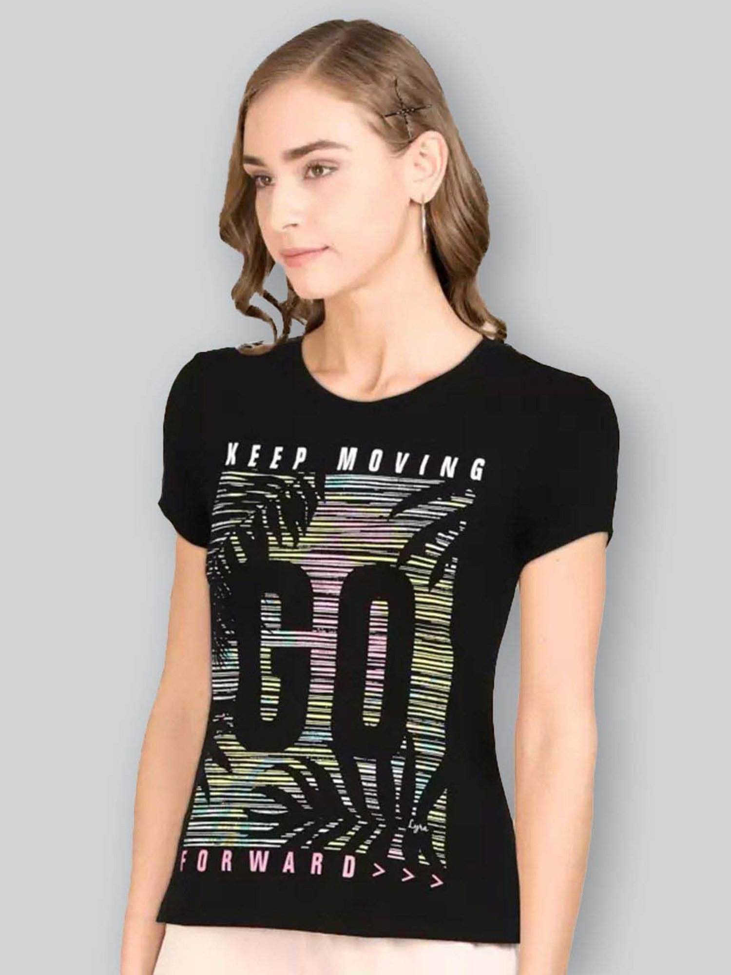 Lyra Black Cotton Printed T-Shirt