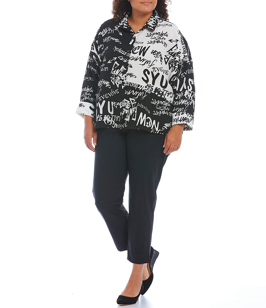 IC Collection Plus Size Point Collar Neck Long Sleeve Colorblock Graffiti Print Crepe Button-Front Top