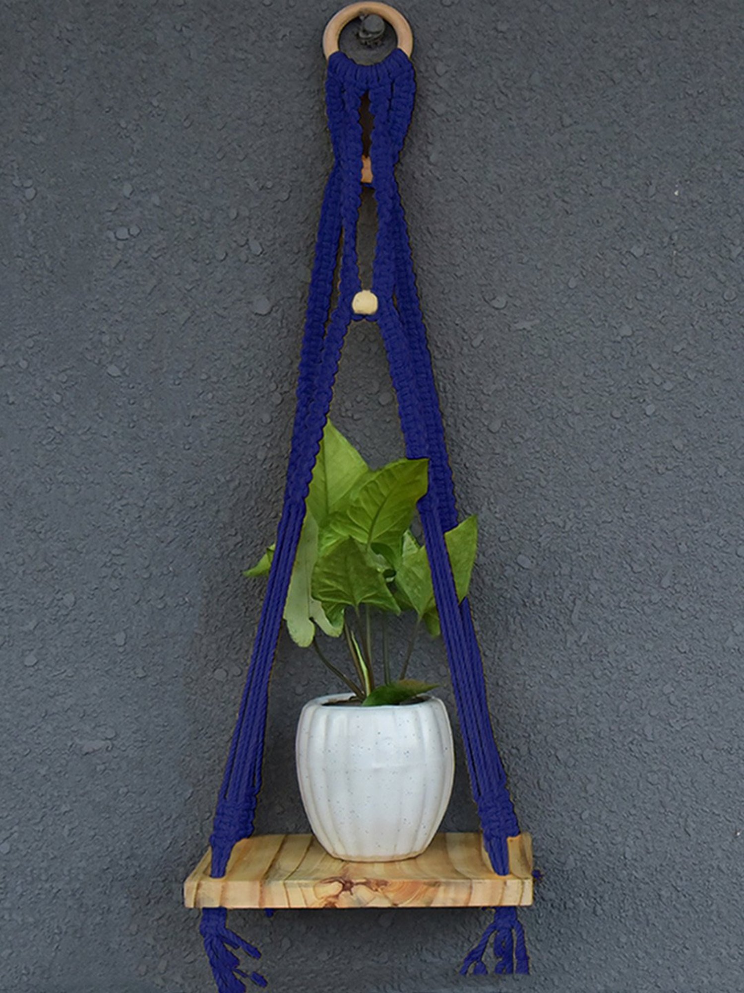 Gathari Macram&iquest; Blue Pine Wood Wall Hanging Shelf