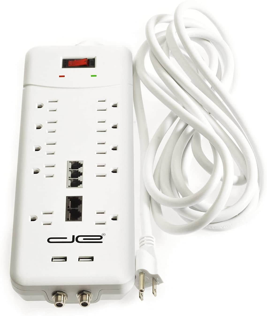 Digital Energy 15-ft Heavy Duty 10-Outlet 3500 Joules Surge Protector Power Strip, 15 Foot Long Extension Cord, Two USB Charging Ports, Coaxial, Phone Protection, ETL Listed. 15 AMP, Black