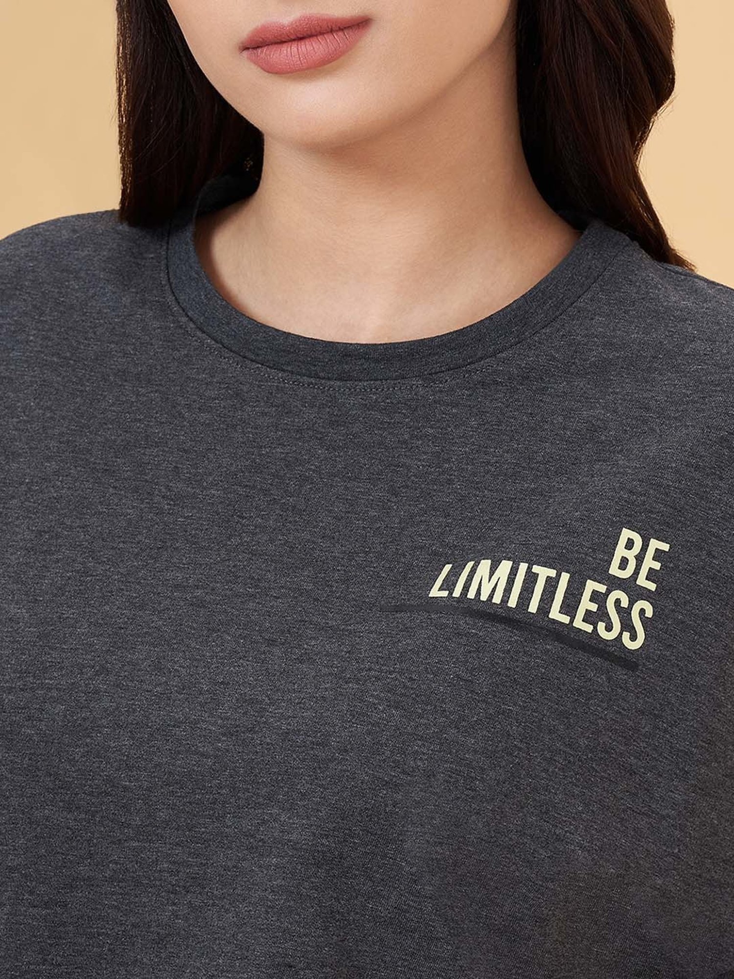 Ajile by Pantaloons Grey Cotton Printed Sports Crop T-Shirt