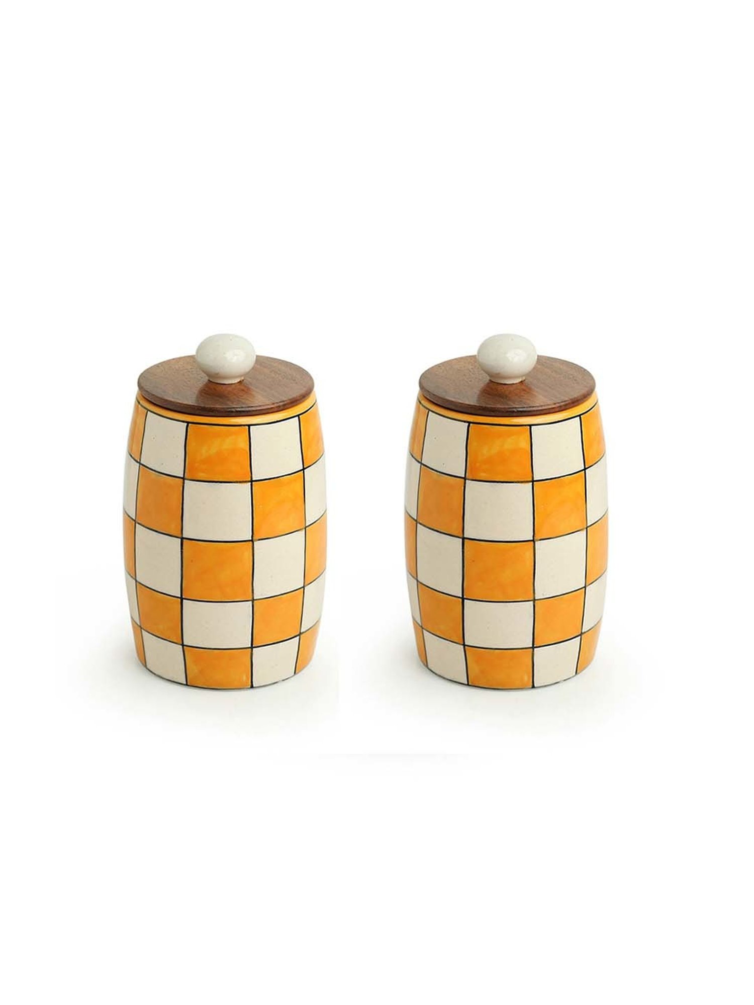 ExclusiveLane 'Shatranj Check' Hand-painted Storage Jars (Non-airtight, Set of 2, 600 ML, 6.1 Inch)