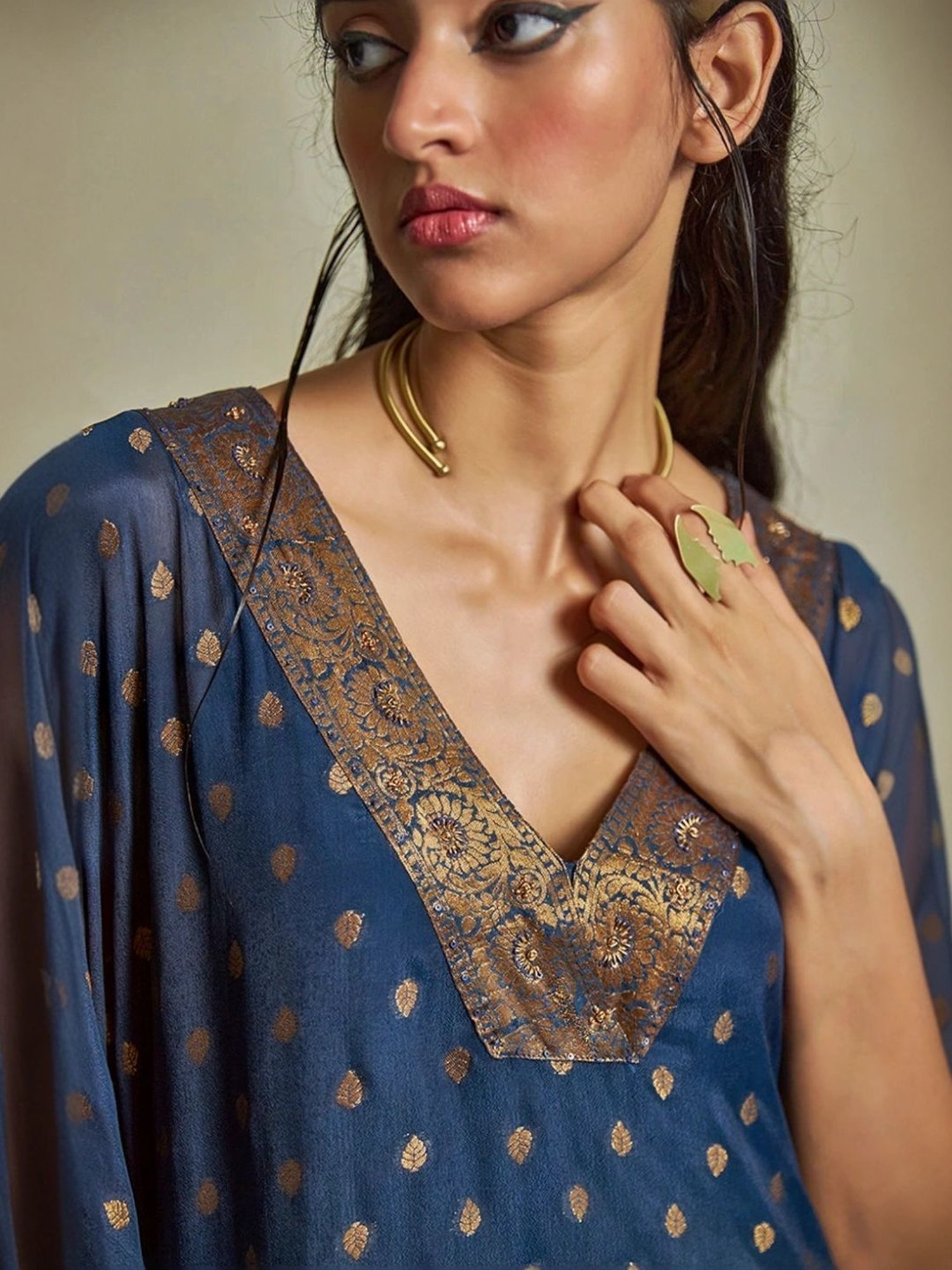 Ganga Fashions Blue Opal Woven Kaftan with Pant