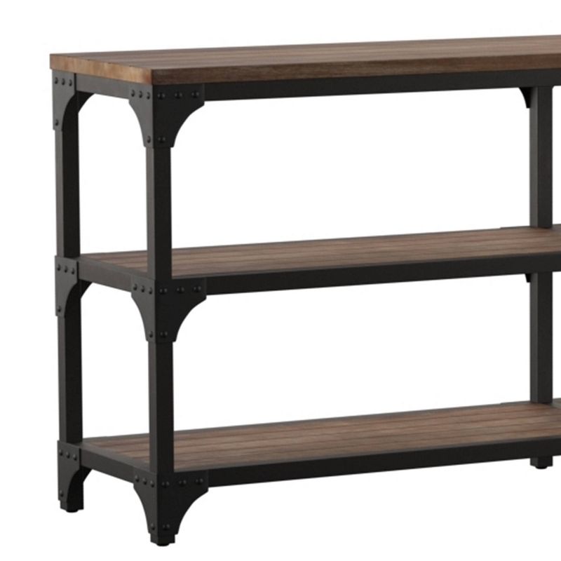 Industrial Style Metal Frame Console Table with 2 Shelves Gray/Brown - Benzara