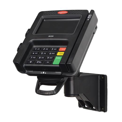 Wall Mount Stand for Ingenico iSC250 with Latch & Lock &reg; Secure the card reader in place on a 7" pole mount. Tilts 140&deg; and swivels 330&deg;