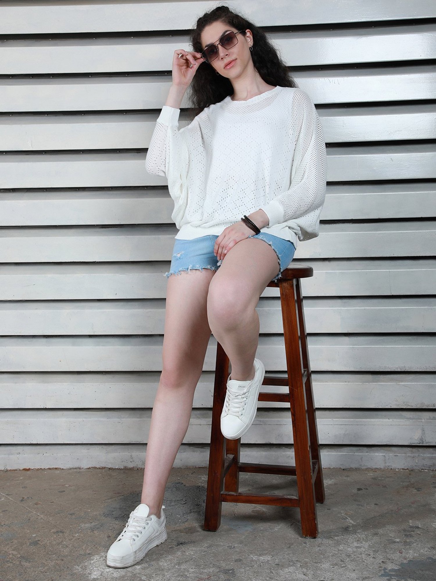 High Star White Cotton Self Design Top