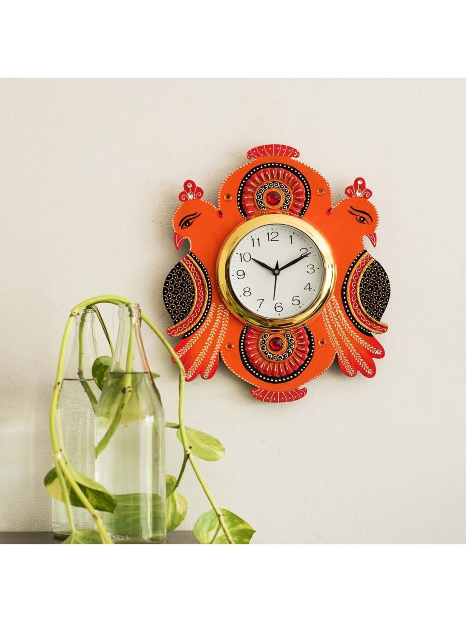eCraftIndia Handcrafted Papier-Mache 2 Peacocks Decorative Wall Clock