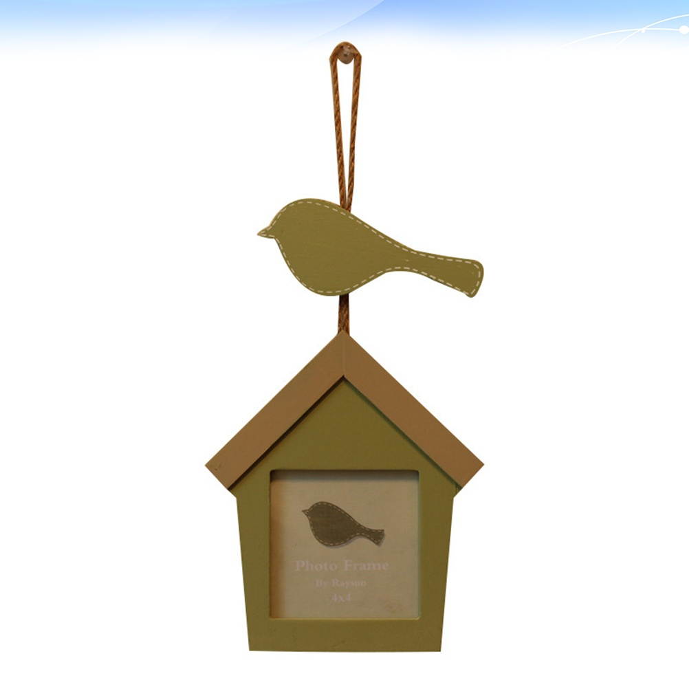 Sing Bird House Combination Photo Frame Hangable Wooden Photo Wall with String Decorative Green Picture Frame Gift Home Decor