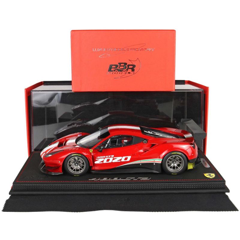 2020 Ferrari 488 GT3 Rosso Corsa 322 Red with Green and Red Stripes & DISPLAY CASE Ltd Ed 128 pcs 1/18 Model Car by BBR