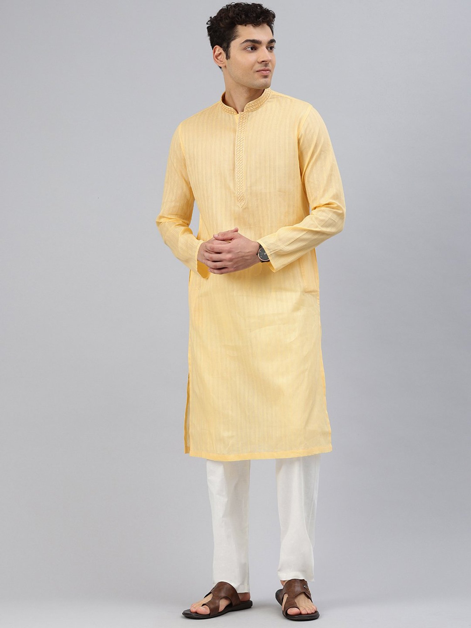 Manthan Yellow & White Regular Fit Striped Kurta & Pyjamas Set