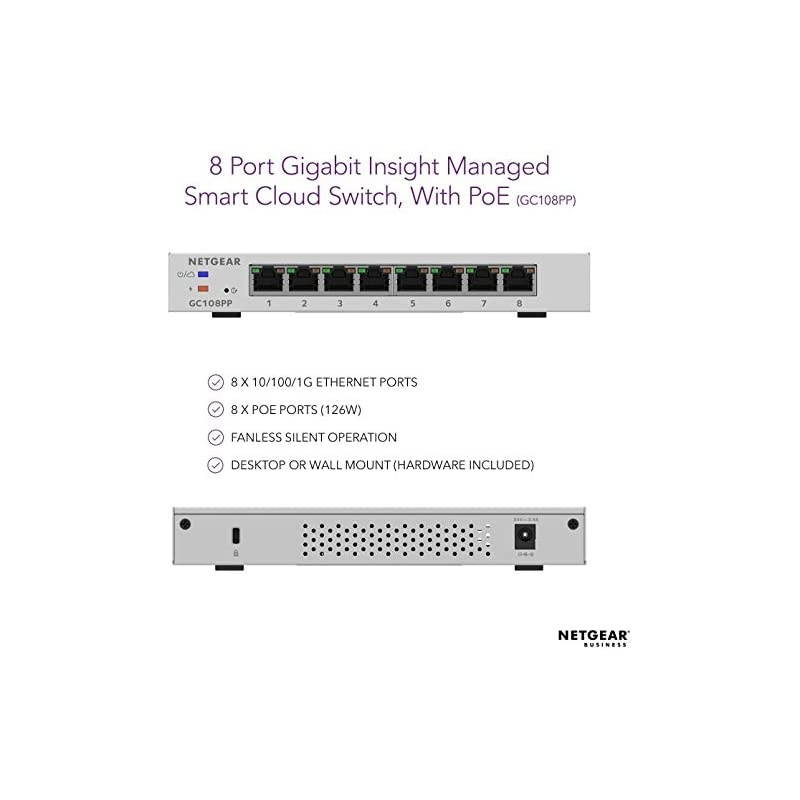 8-port PoE Gigabit Ethernet Smart Switch with Insight Cloud Management (GC108PP) - Managed, with 8 x PoE+ @ 126W, Desktop or Wall Mount