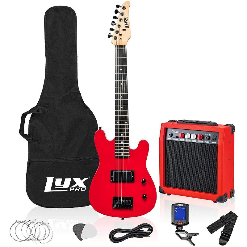 LyxPro 30 Inch Electric Guitar and Starter Kit for Kids with 3/4 Size Beginner's Guitar, Amp, Six Strings, Two Picks, Shoulder Strap, Digital Clip On Tuner, Guitar Cable and Soft Case Gig Bag - Red