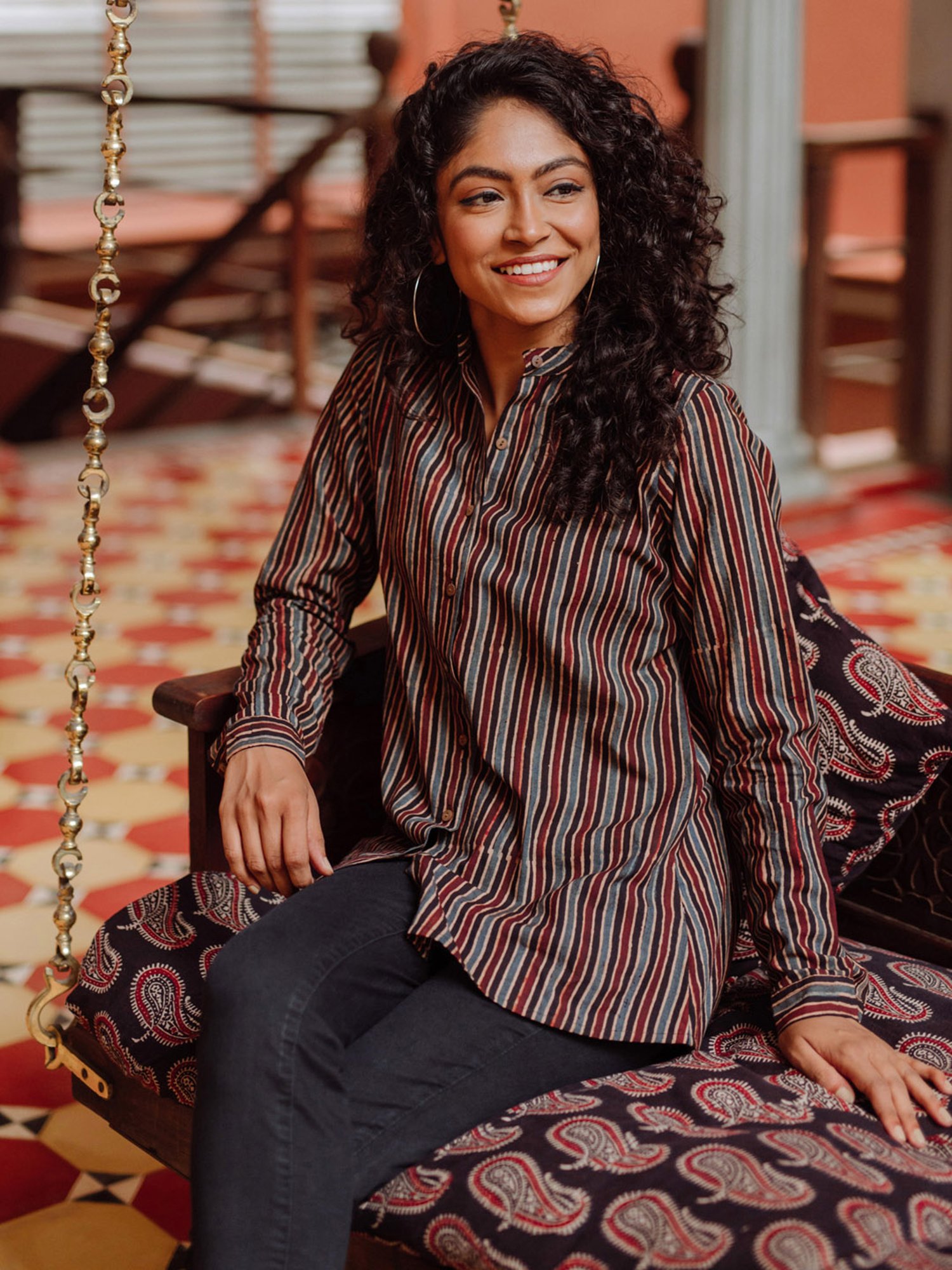 Okhai Rhythm Dark Brown & Black Pure Cotton Striped Shirt