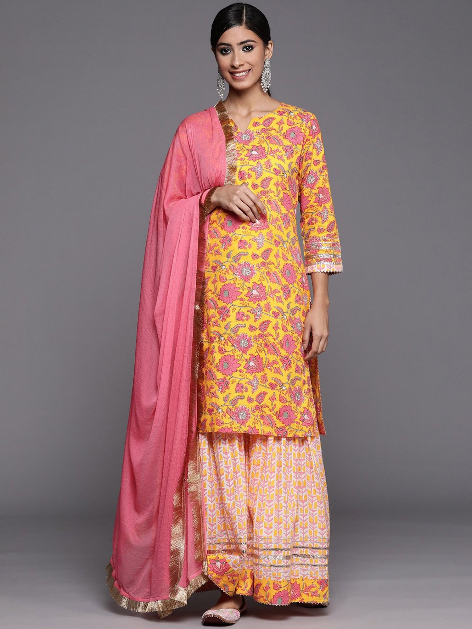KSUT Yellow Cotton Embroidered Kurta Pant Set With Dupatta