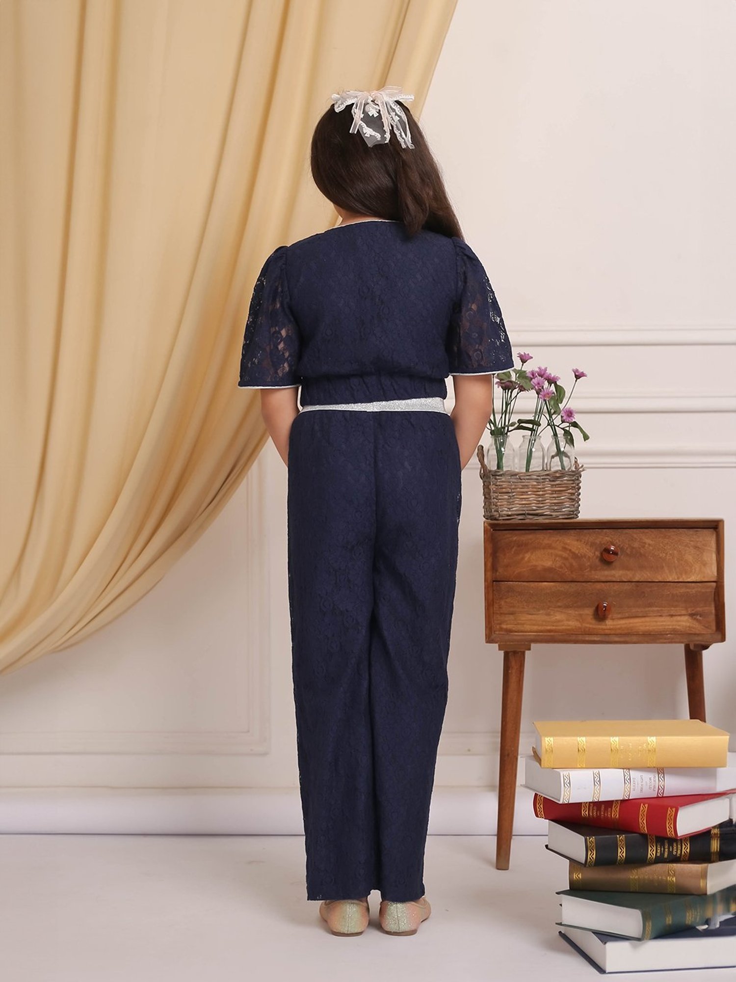 Budding Bees Girls Navy Self Design Top with Pants