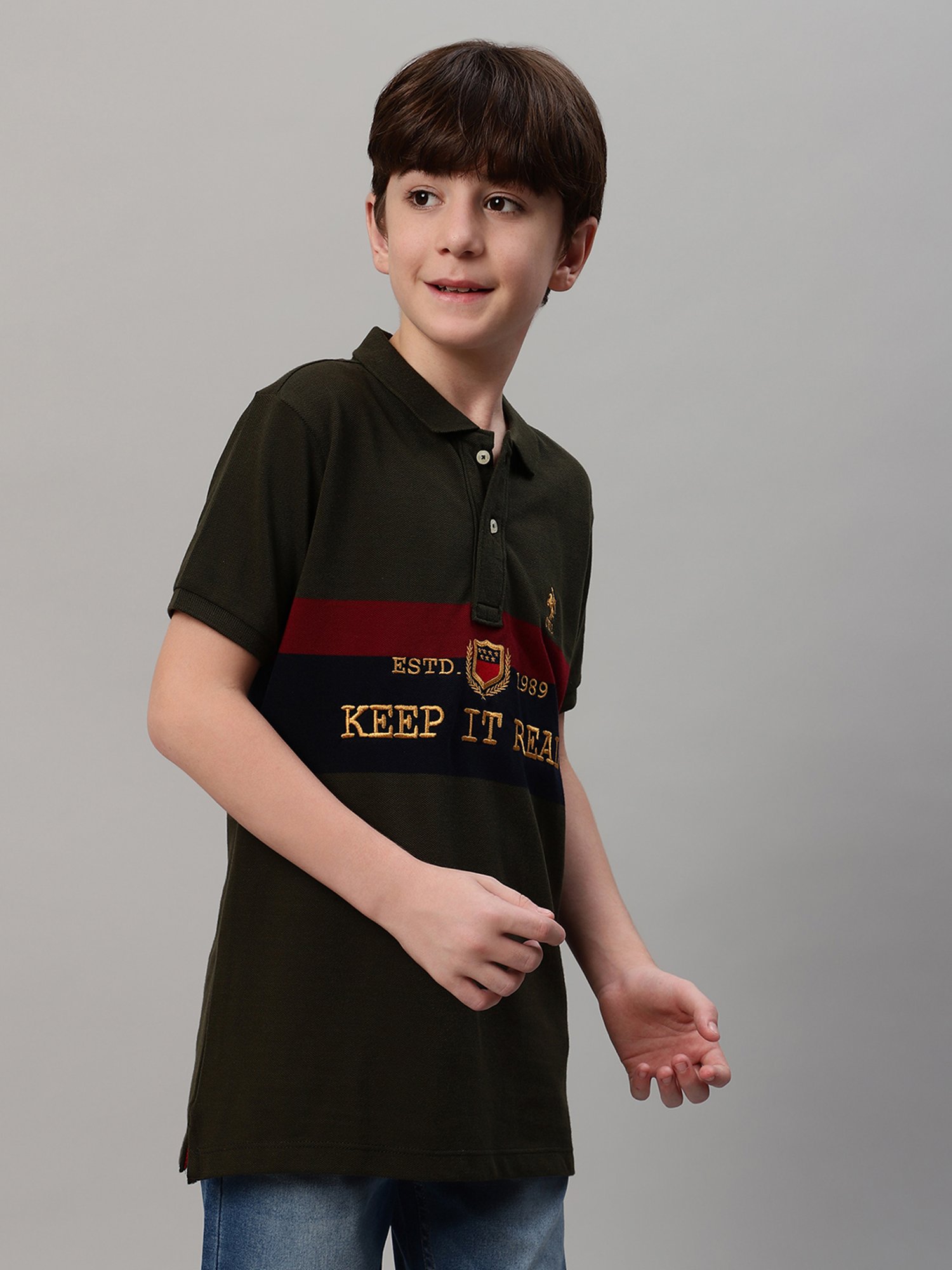 Cantabil Boys Olive Embroidered Polo T-Shirt