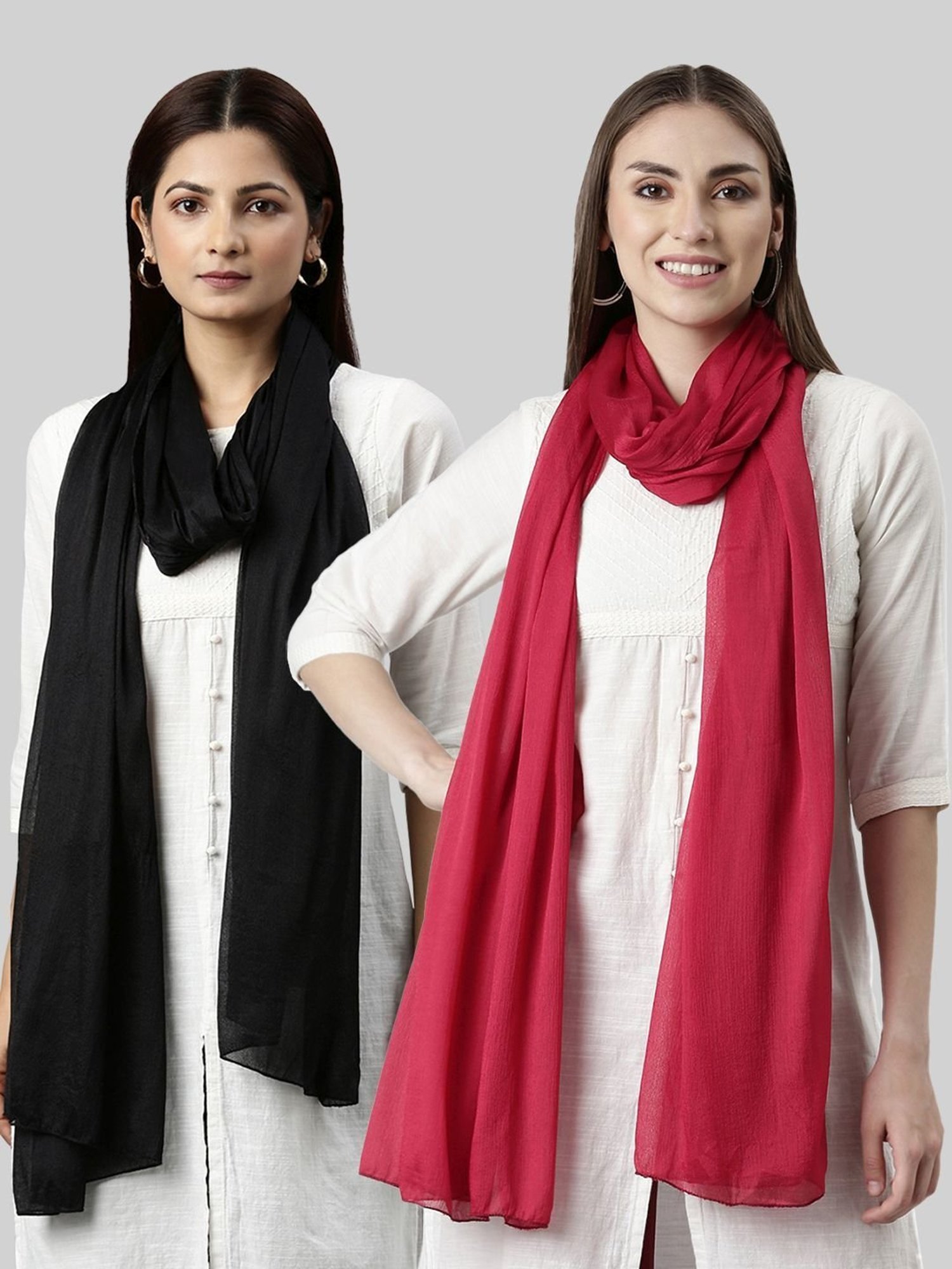 TWIN BIRDS Black & Red Plain Dupatta - Pack Of 2