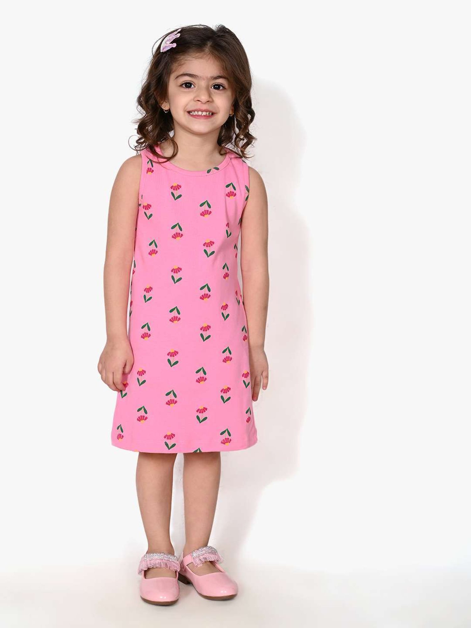 LilPicks Kids Pink Cotton Floral Print Dress