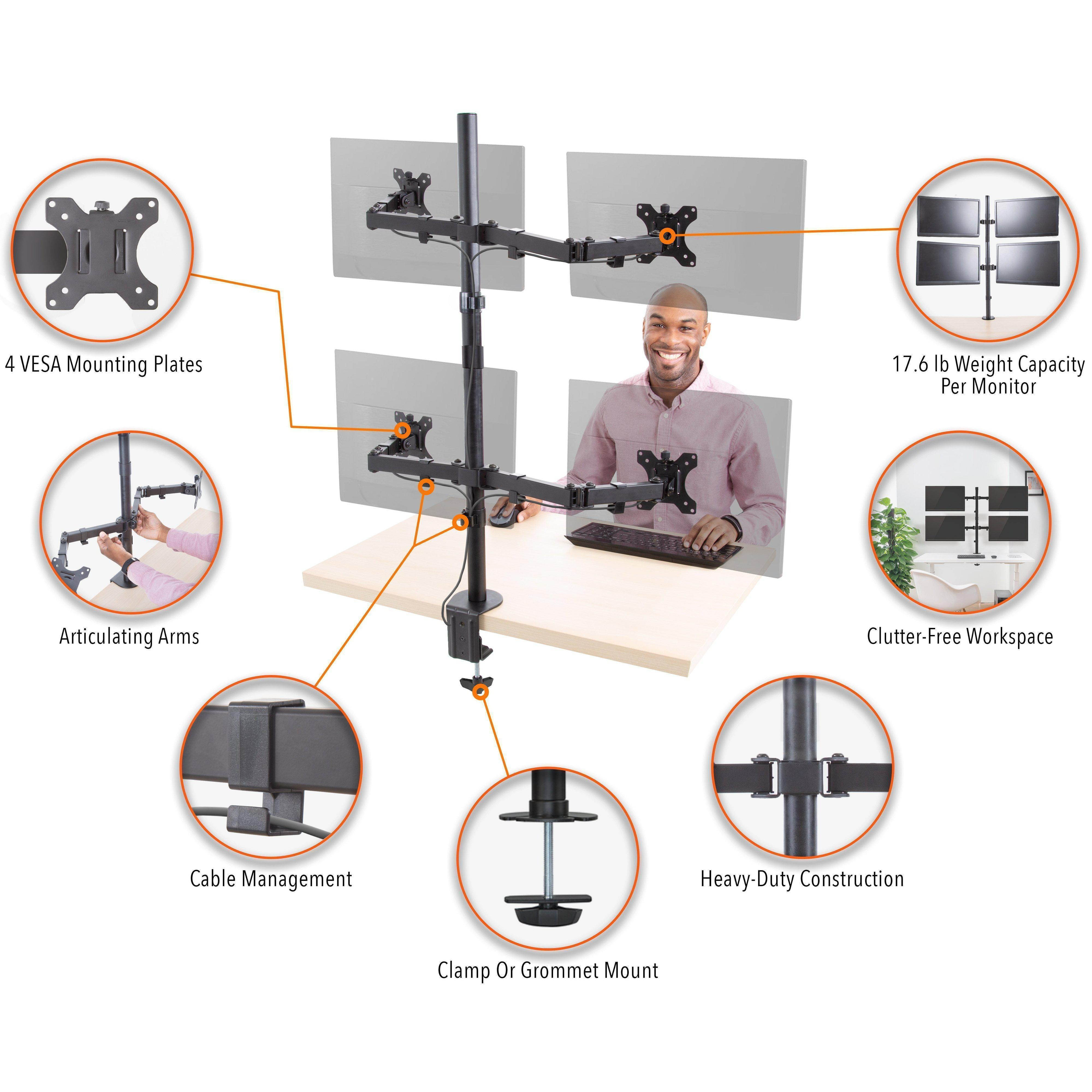 4 Monitor Mount Desk Stand | Height Adjustable Quad Monitor Stand with Full Articulation VESA Mounts | Fits Most LCD/LED Monitors 13-32 Inches (Four Monitor Clamp)