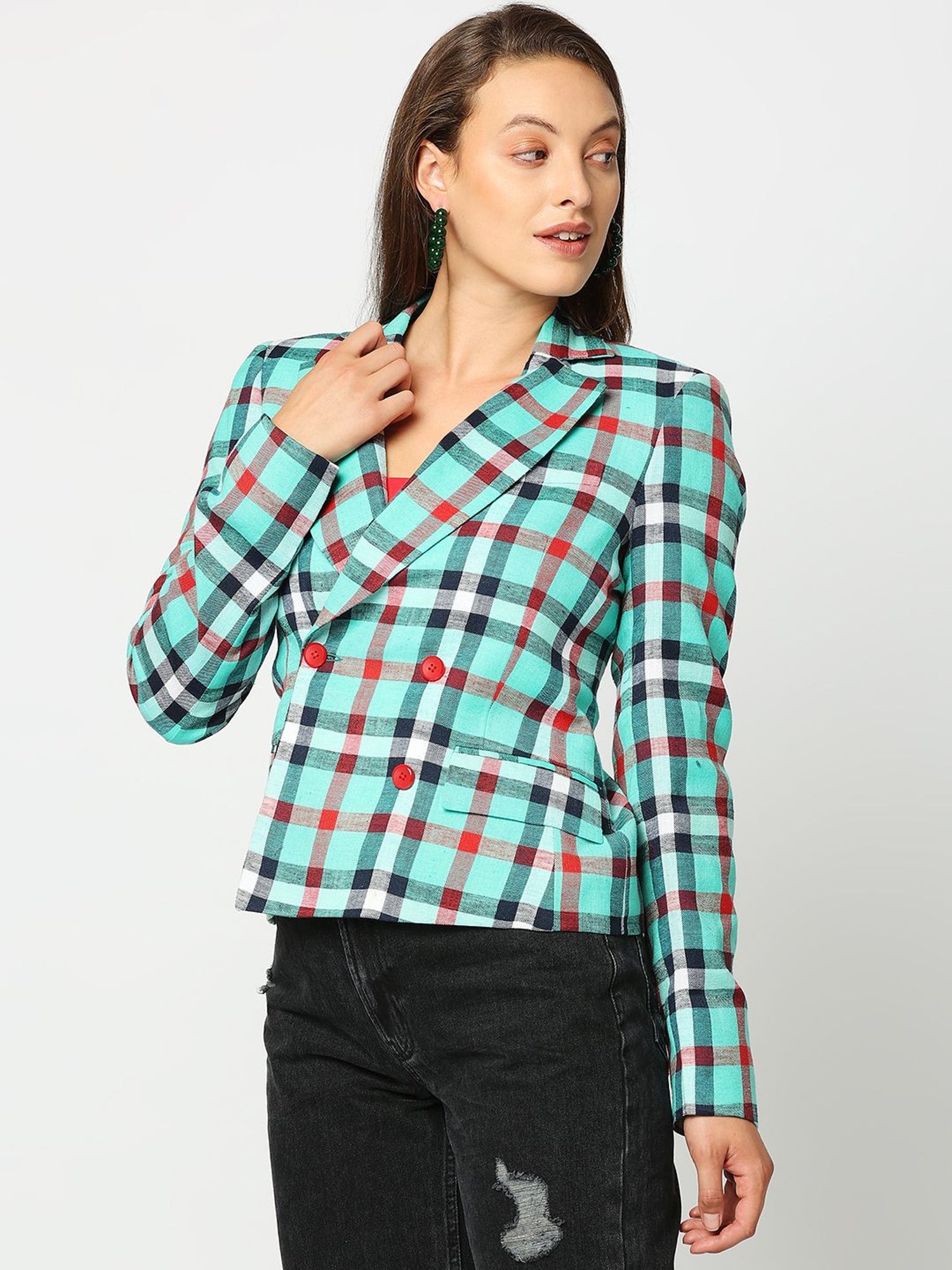 Remanika Green Pure Cotton Chequered Jacket