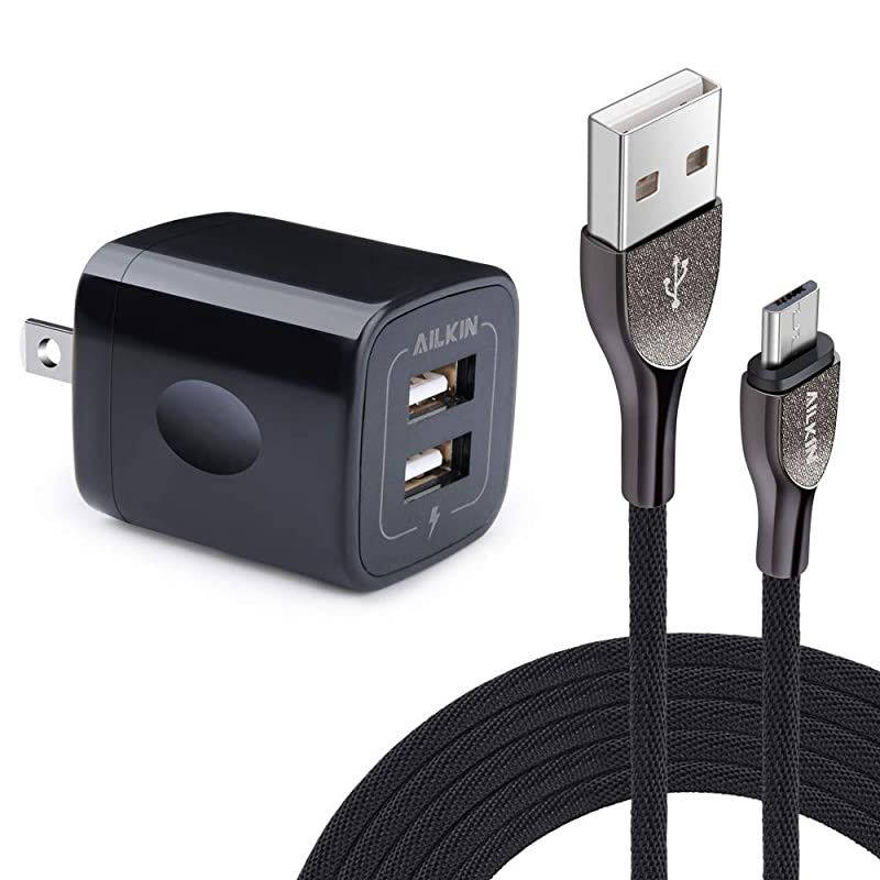 Dual USB Port Wall Phone Adapter with 6 6FT Android Micro USB Port Charger Cable Compatible for Samsung J8 J7 Pro S6 S7 Edge LG G4 Stylo 3 2 Kindle Fire Motorola Moto G5S G4 Android Cable