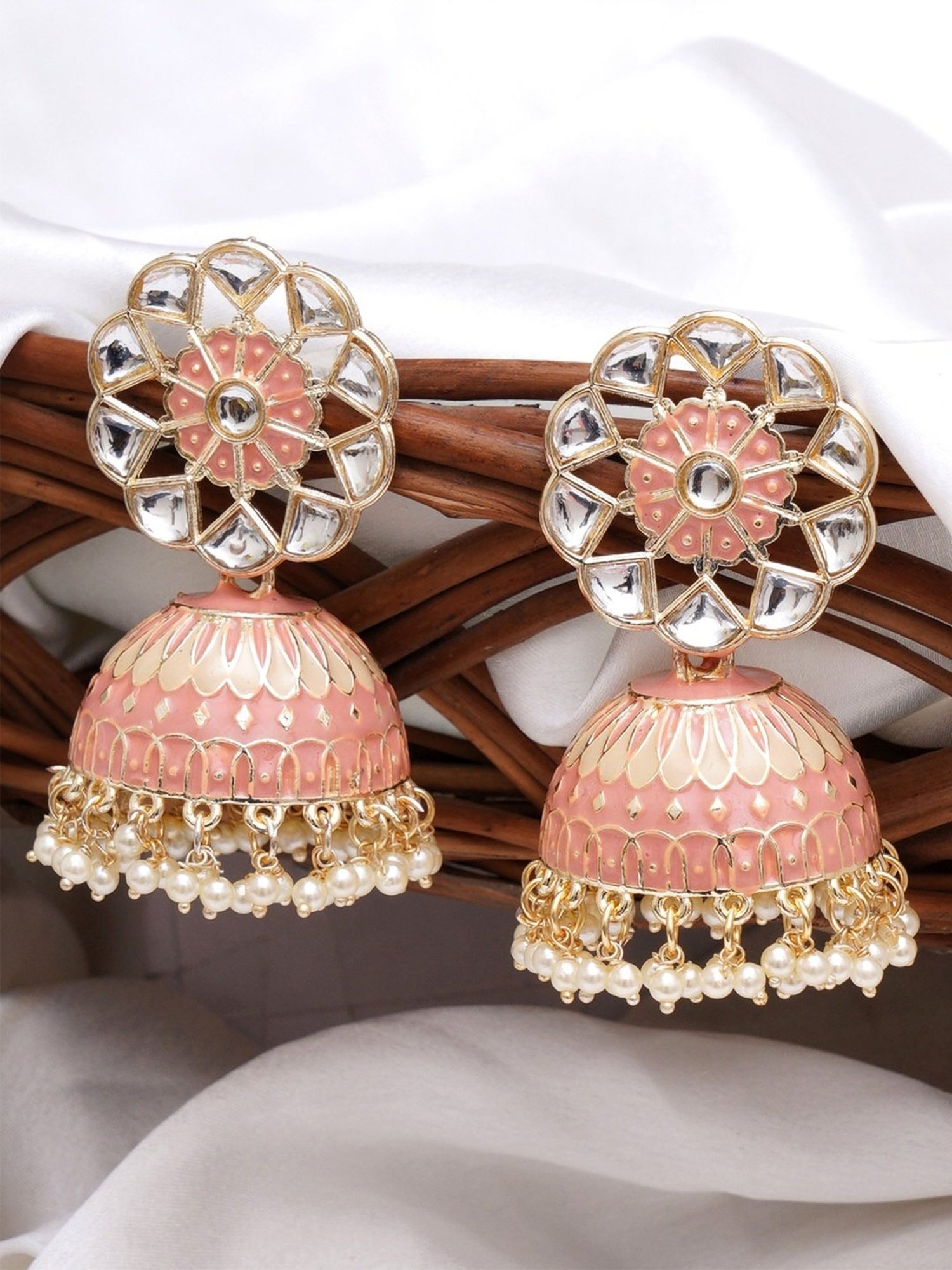 Karatcart Gold-Plated Baby Pink & Cream Meenakari Kundan Studded Floral Jhumki Earrings for Women