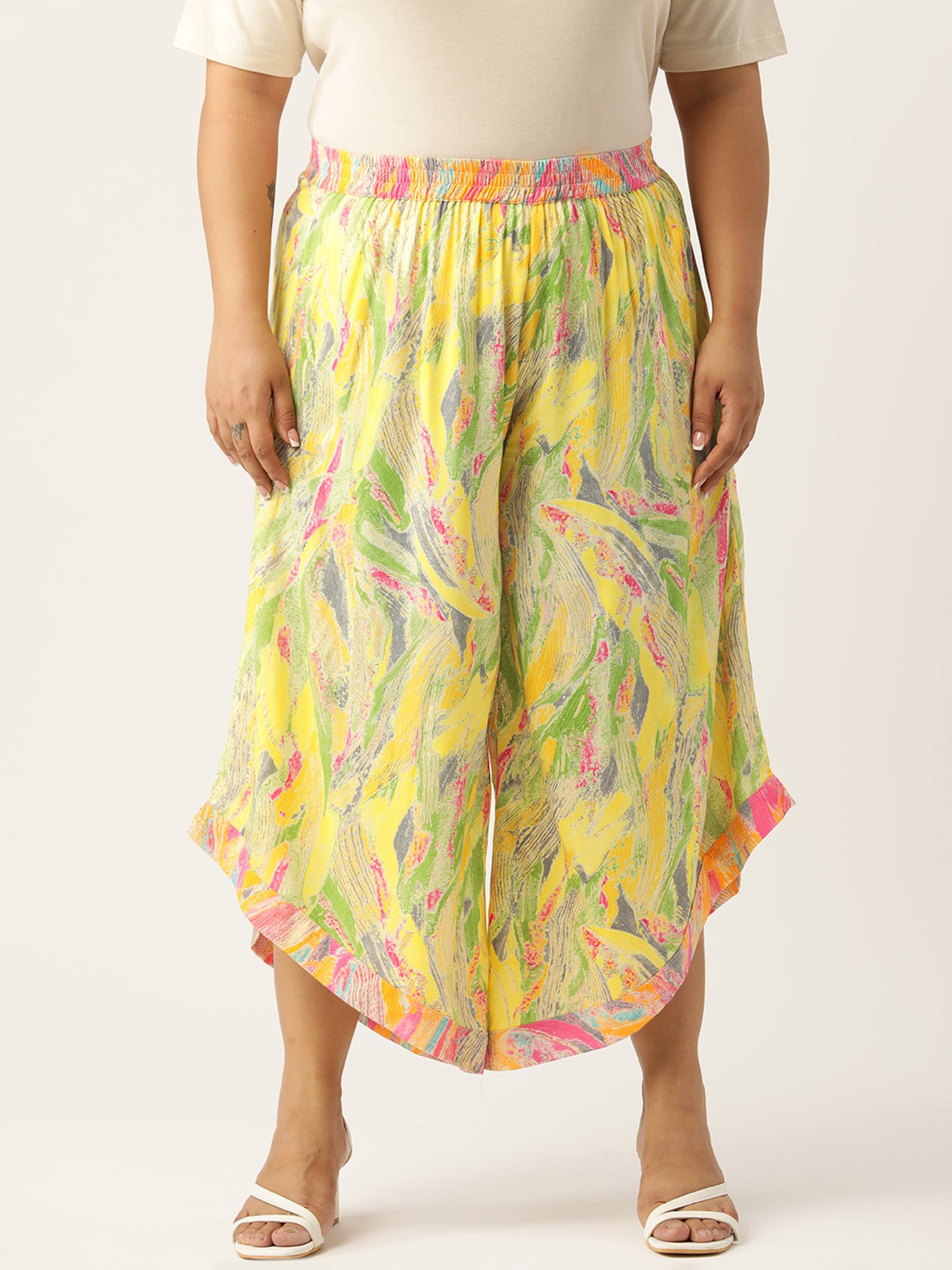 theRebelinme Yellow Printed Relaxed Fit High Rise Plus Size Culottes