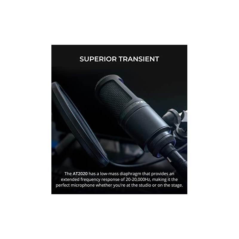 Audio-Technica AT2020 Cardioid Condenser Microphone for Home Studio Recording Bundle with U-PHORIA UM2 USB Audio Interface with 48V Phantom Power, and  5-Pack of Reusable Cable Ties