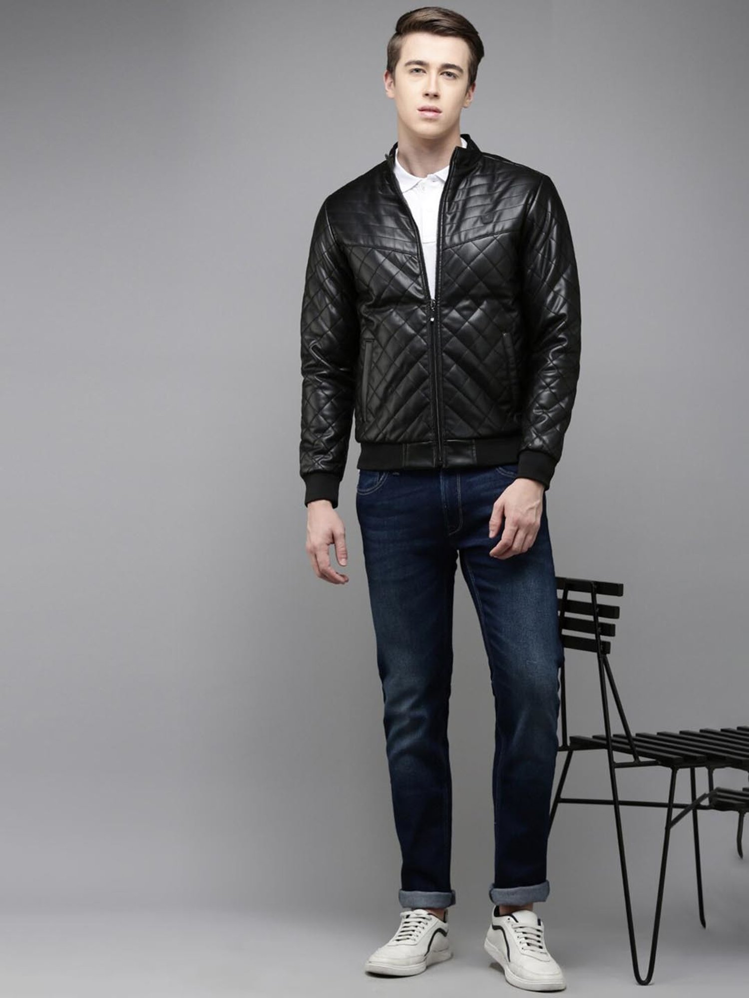 V Dot Black Slim Fit Quilted Jacket