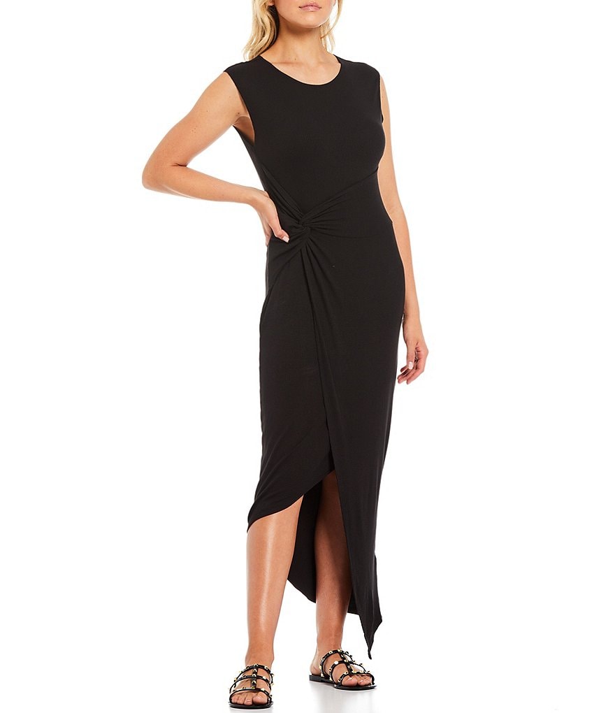 Laundry by Shelli Segal Knot Front Jewel Neck Cap Sleeve Midi Dress