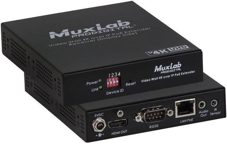 MuxLab - 500759-RX - MuxLab Video Wall 4K over IP PoE Extender RX - 1 Output Device - 328.08 ft Range - 1 x Network (RJ-45) - 1 x HDMI Out - Serial Port - 4K - 3840 x 2160 - Twisted Pair - Category 6
