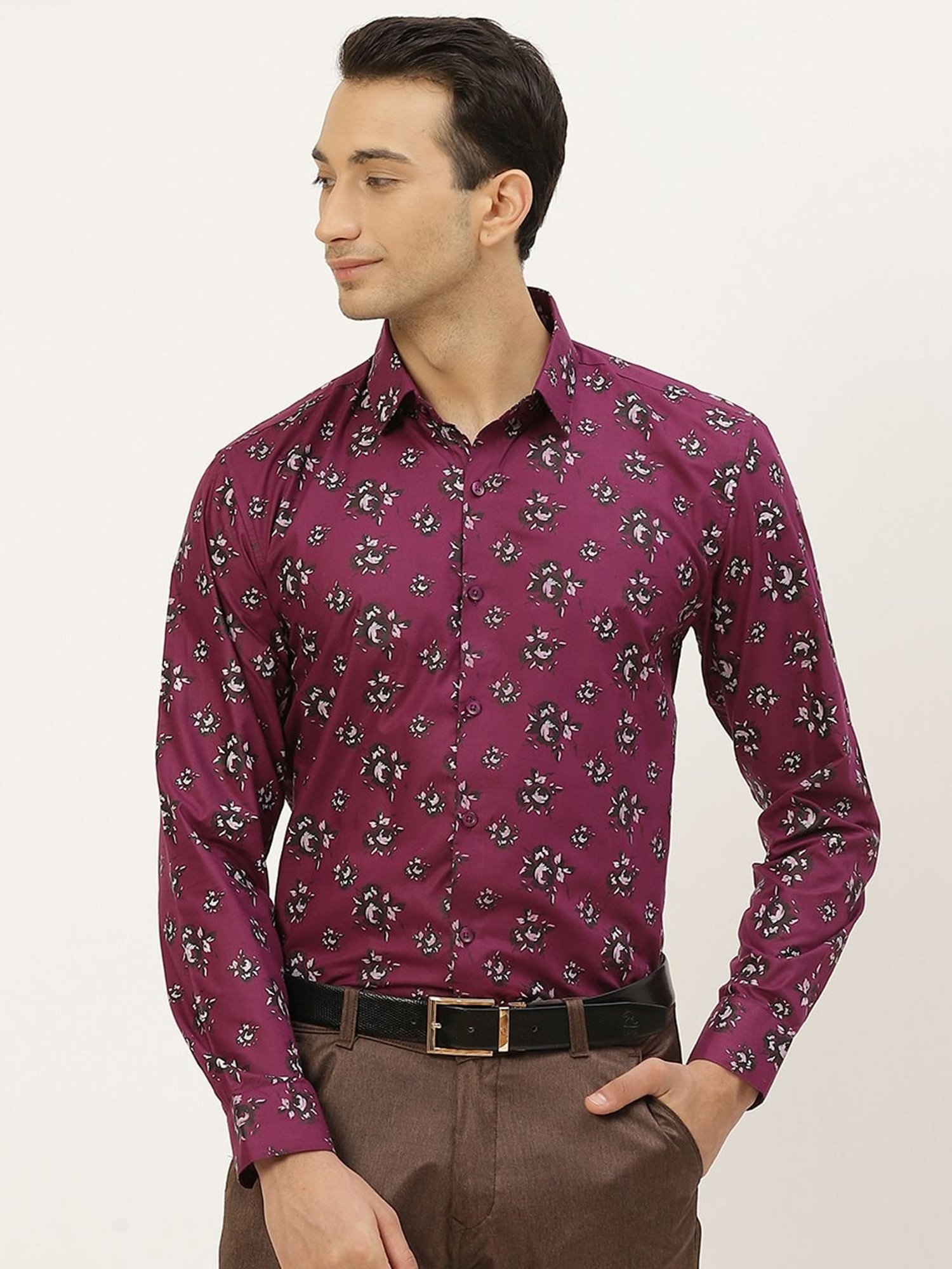 Sojanya Magenta Cotton Regular Fit Floral Print Shirt
